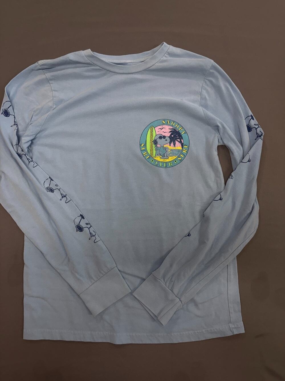 Peanuts Snoopy Surf Club Surf Long Sleeve Graphic Tee Blue Small 34/36 New